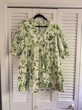 Anthropologie White Mini Dress with Green Floral Print